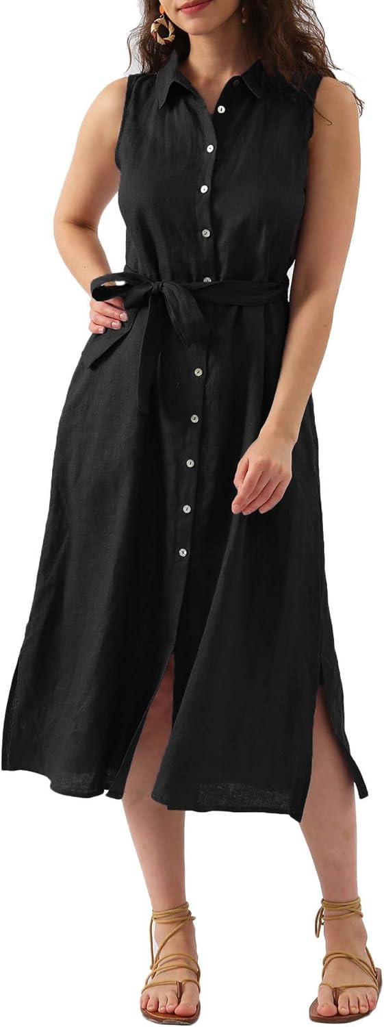 Women's 100% Linen Button Down Midi Dresses