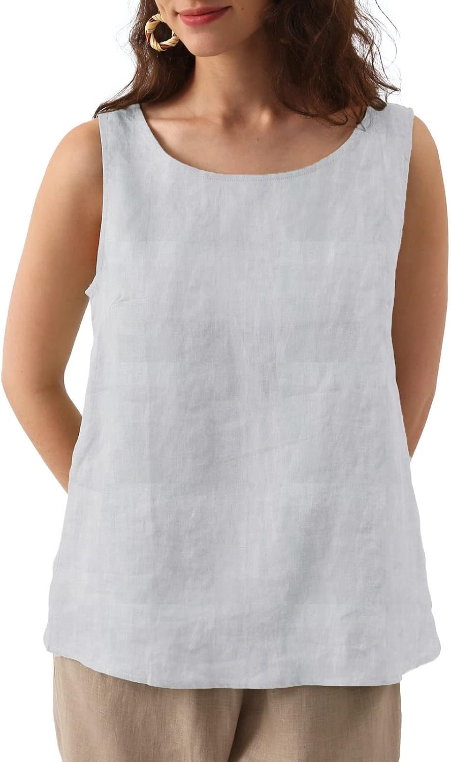 Women's 100% Linen Crewneck Sleeveless Tank Tops