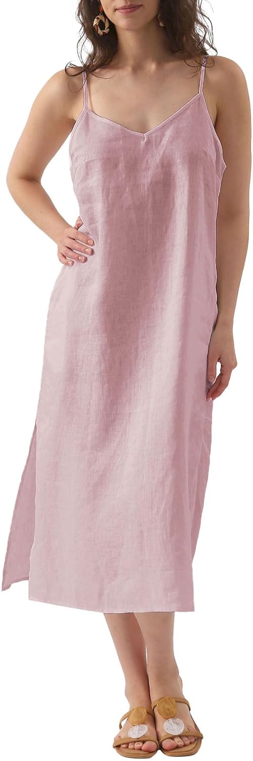Women's 100% Linen Spaghetti Strap Slip Midi Dress with Pockets