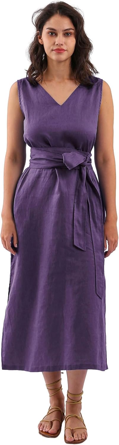 Women's 100% Linen Sleeveless Midi Dresses with Belt