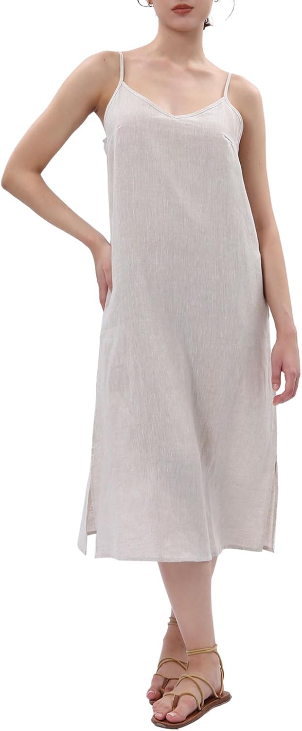 Women's 100% Linen Spaghetti Strap Slip Midi Dress with Pockets