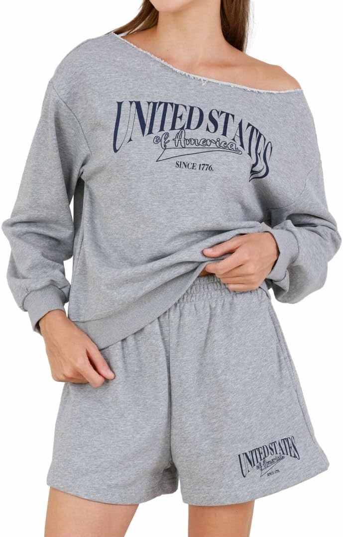 Women's Graphic Off Shoulder Sweatshirt and Shorts 2 Piece Set