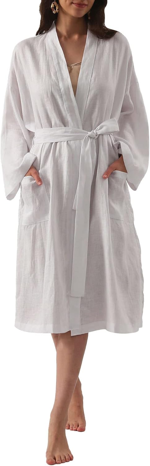 Women's 100% Linen Mid Length Kimono Robes Long Sleeve Bathrobe