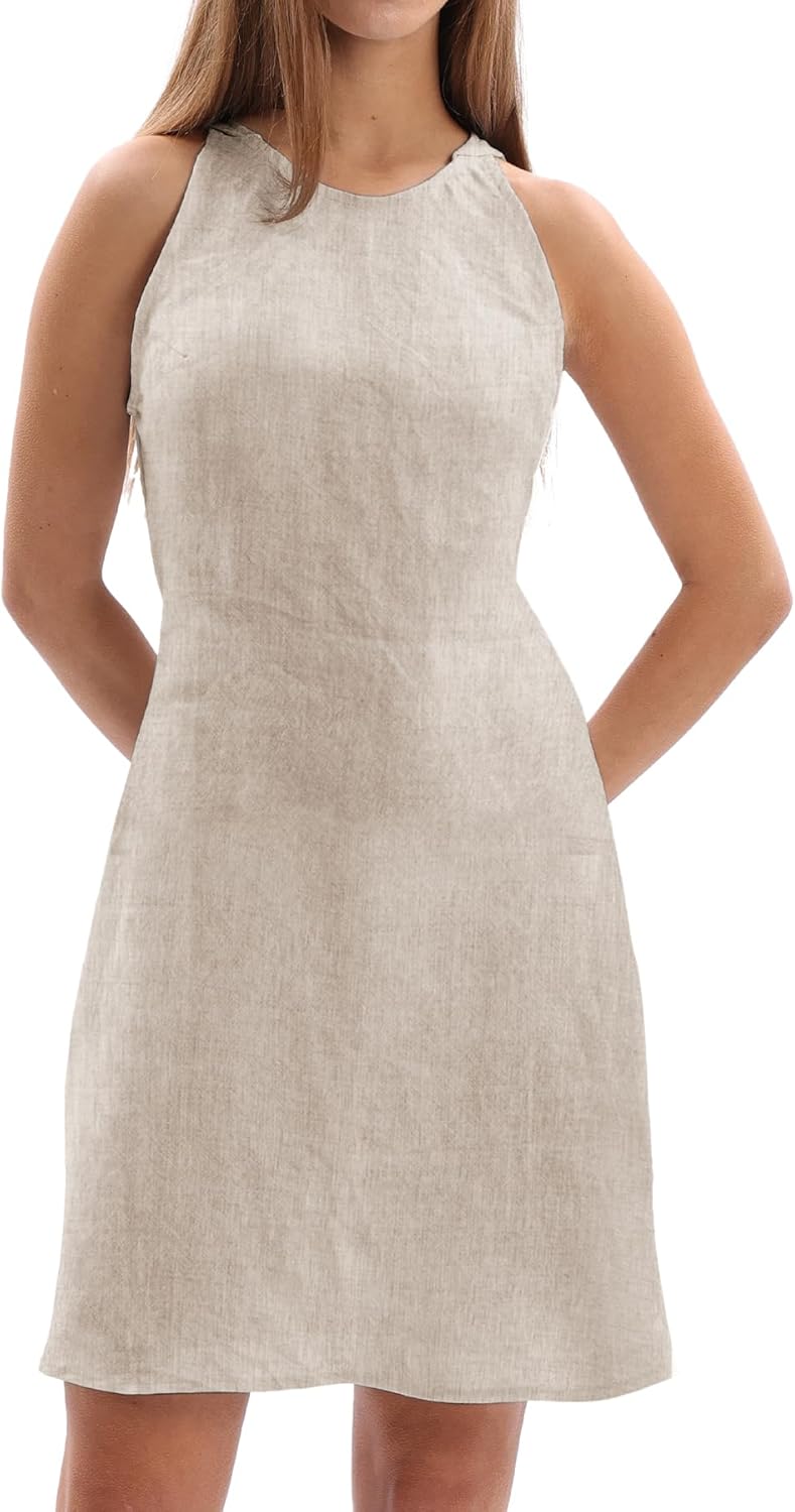 Women's 100% Linen Sleevelesss Crew Neck Mini Dresses