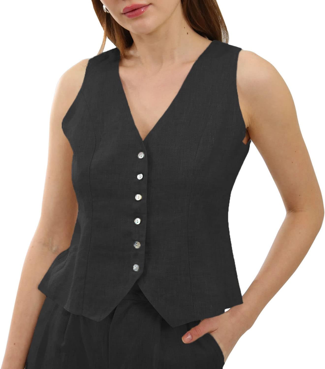 Women's 100% Linen Sleeveless Button Down Crop Waistcoat