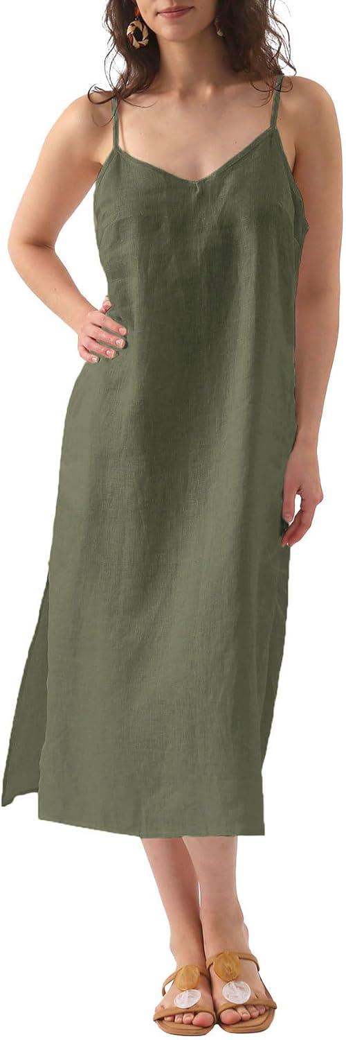 Women's 100% Linen Spaghetti Strap Slip Midi Dress with Pockets