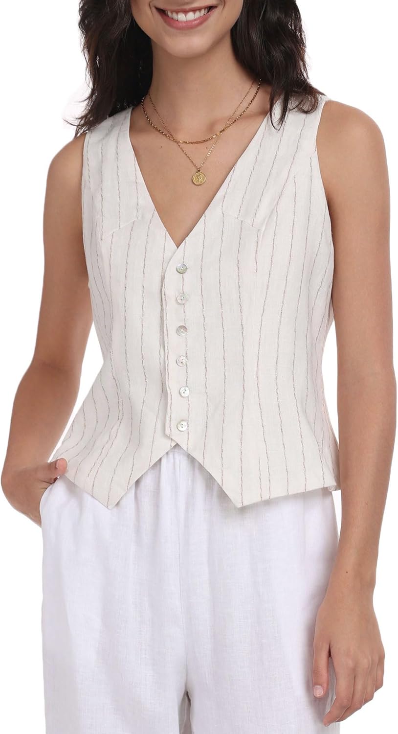 Women's 100% Linen Sleeveless Button Down Crop Waistcoat