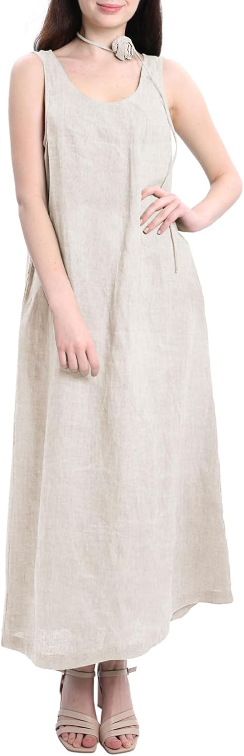 Women's 100% Linen Sleevelesss Maxi Dresses with Flower Belt