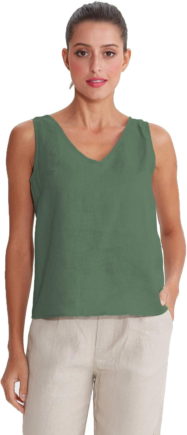 Women's 100% Linen Sleeveless V Neck Tank Tops