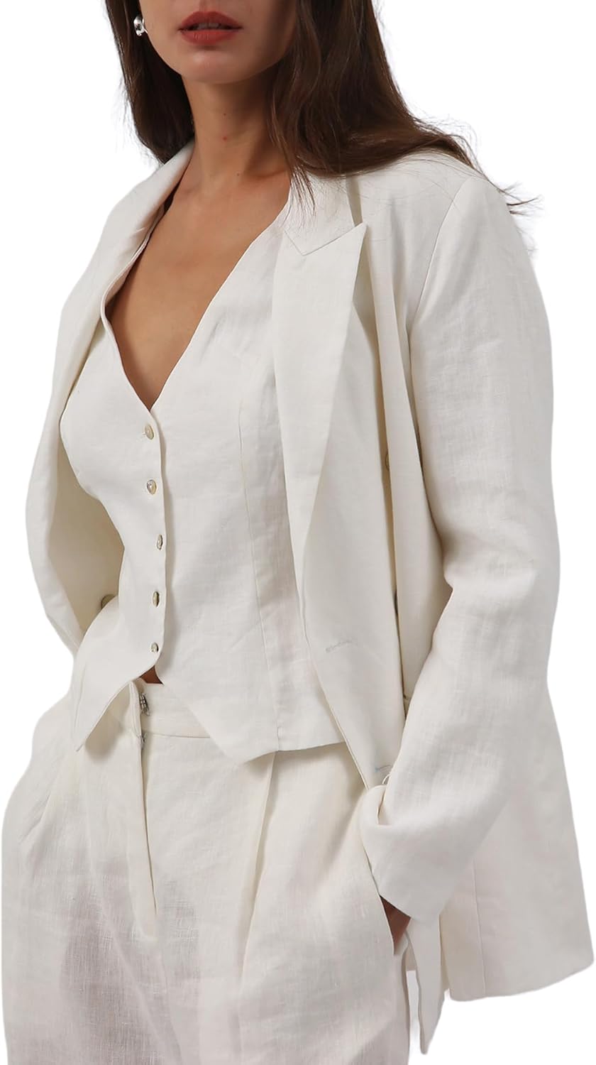 Women's 100% Linen Double-Breasted Notched Blazer