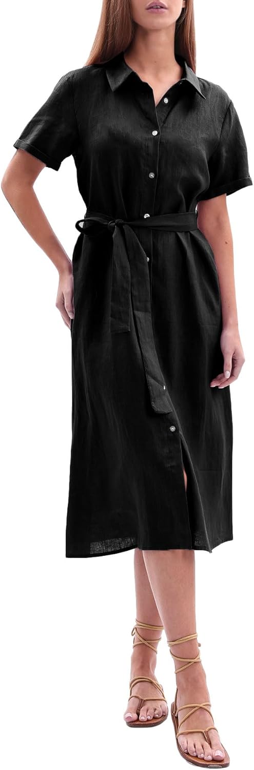 Women's 100% Linen Button Down Midi Shirt Dresses