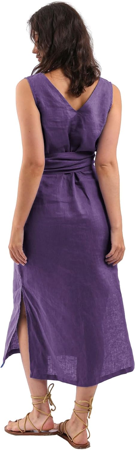 Women's 100% Linen Sleeveless Midi Dresses with Belt