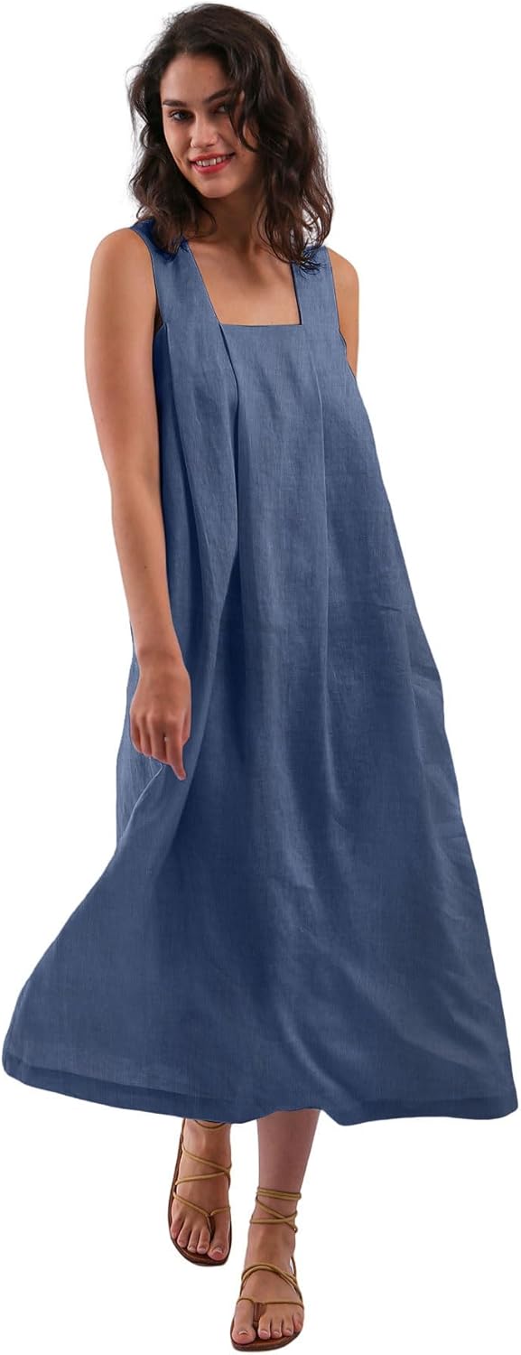 Women's 100% Linen Sleeveless Strap Midi Dresses with Pockets