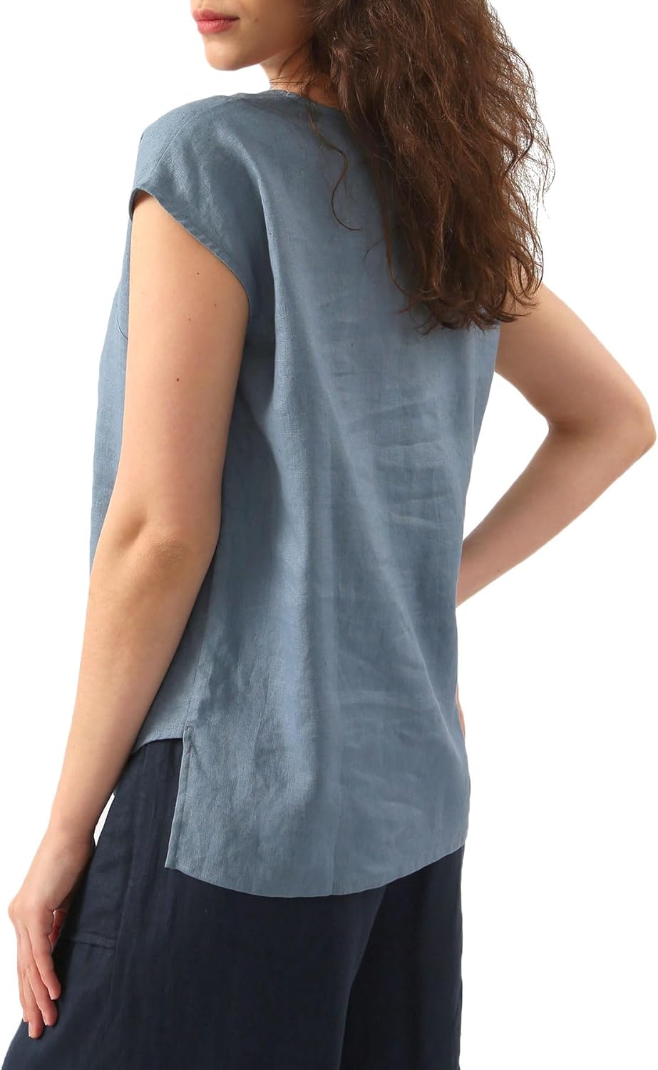 Women's 100% Linen Cap Sleeve Blouse Basic Top