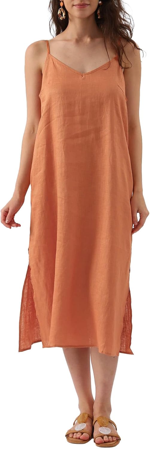 Women's 100% Linen Spaghetti Strap Slip Midi Dress with Pockets