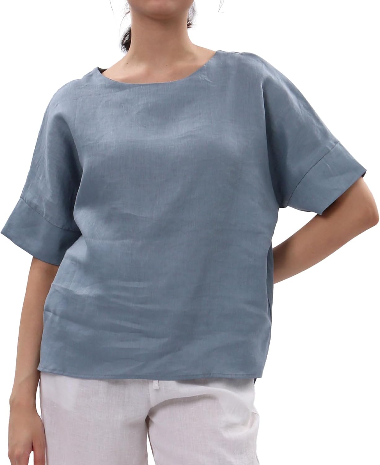 Women's 100% Linen Tops Crewneck Short Sleeve Blouses