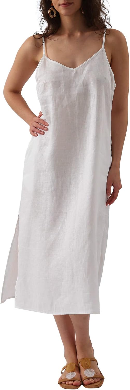 Women's 100% Linen Spaghetti Strap Slip Midi Dress with Pockets
