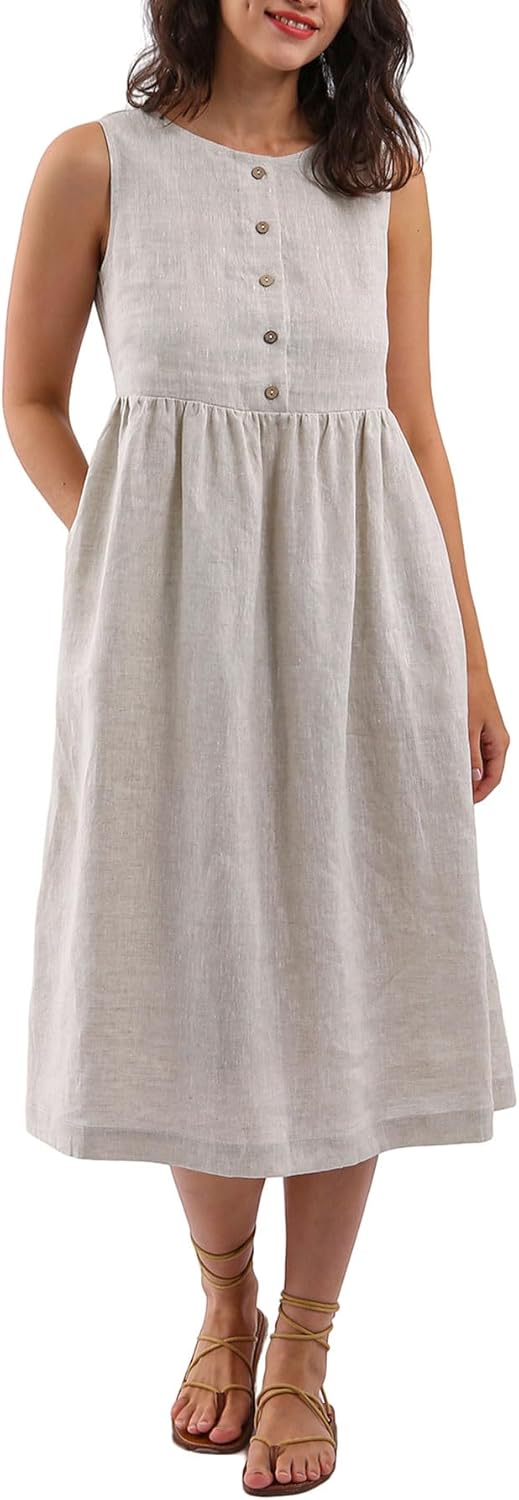 Women's 100% Linen Sleeveless Button Front Pleated Midi Dresses
