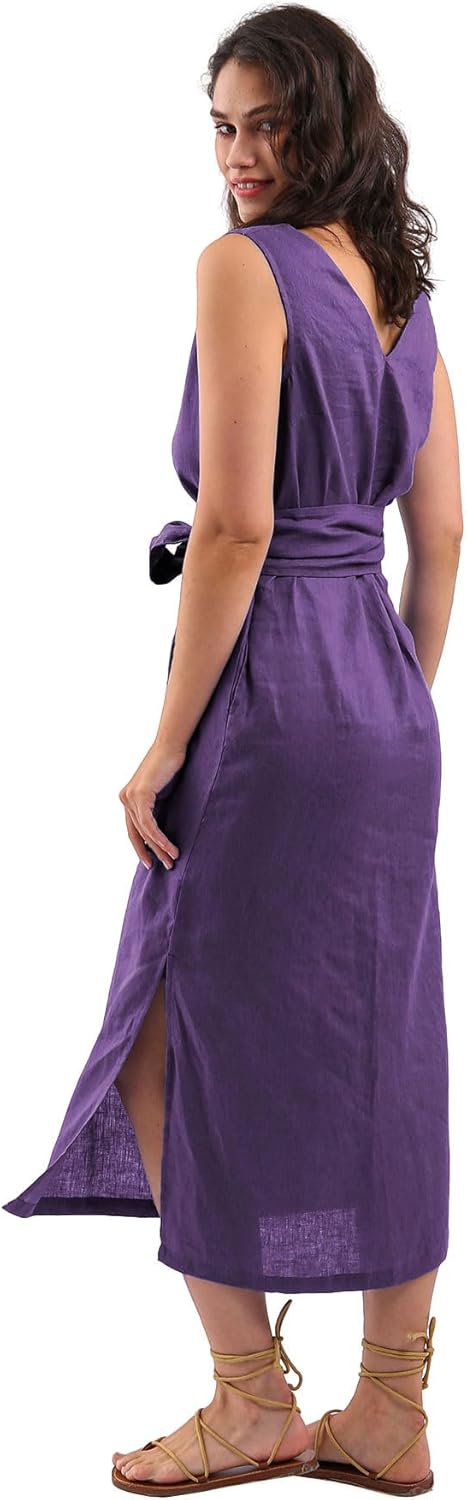 Women's 100% Linen Sleeveless Midi Dresses with Belt