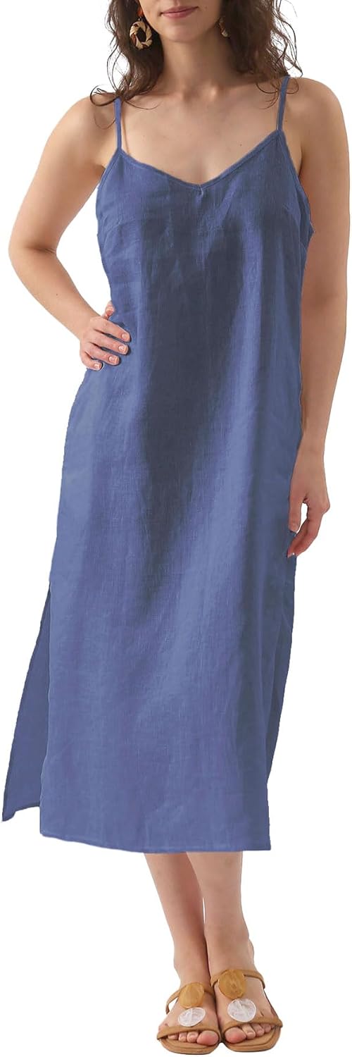 Women's 100% Linen Spaghetti Strap Slip Midi Dress with Pockets