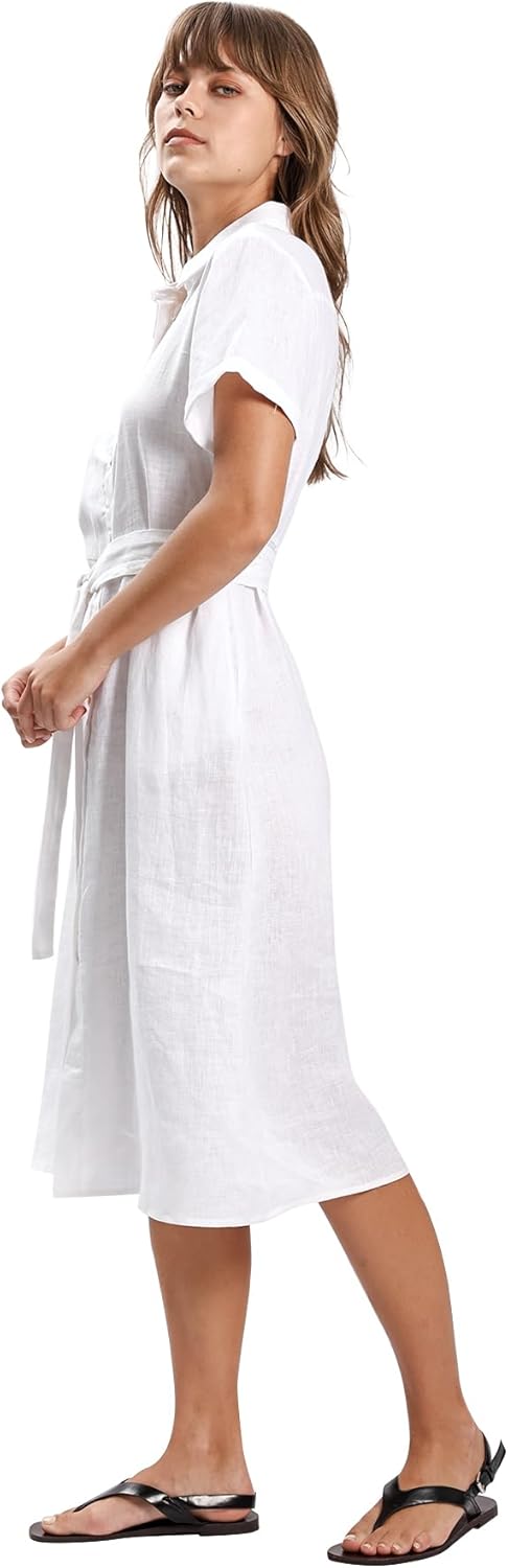 Women's 100% Linen Button Down Midi Shirt Dresses