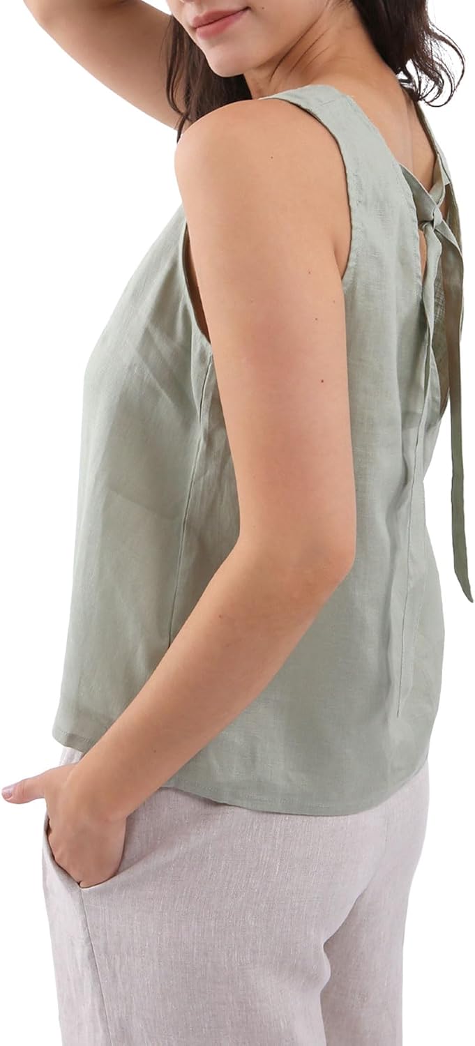 Women's 100% Linen Tie Back Sleeveless Tank Tops