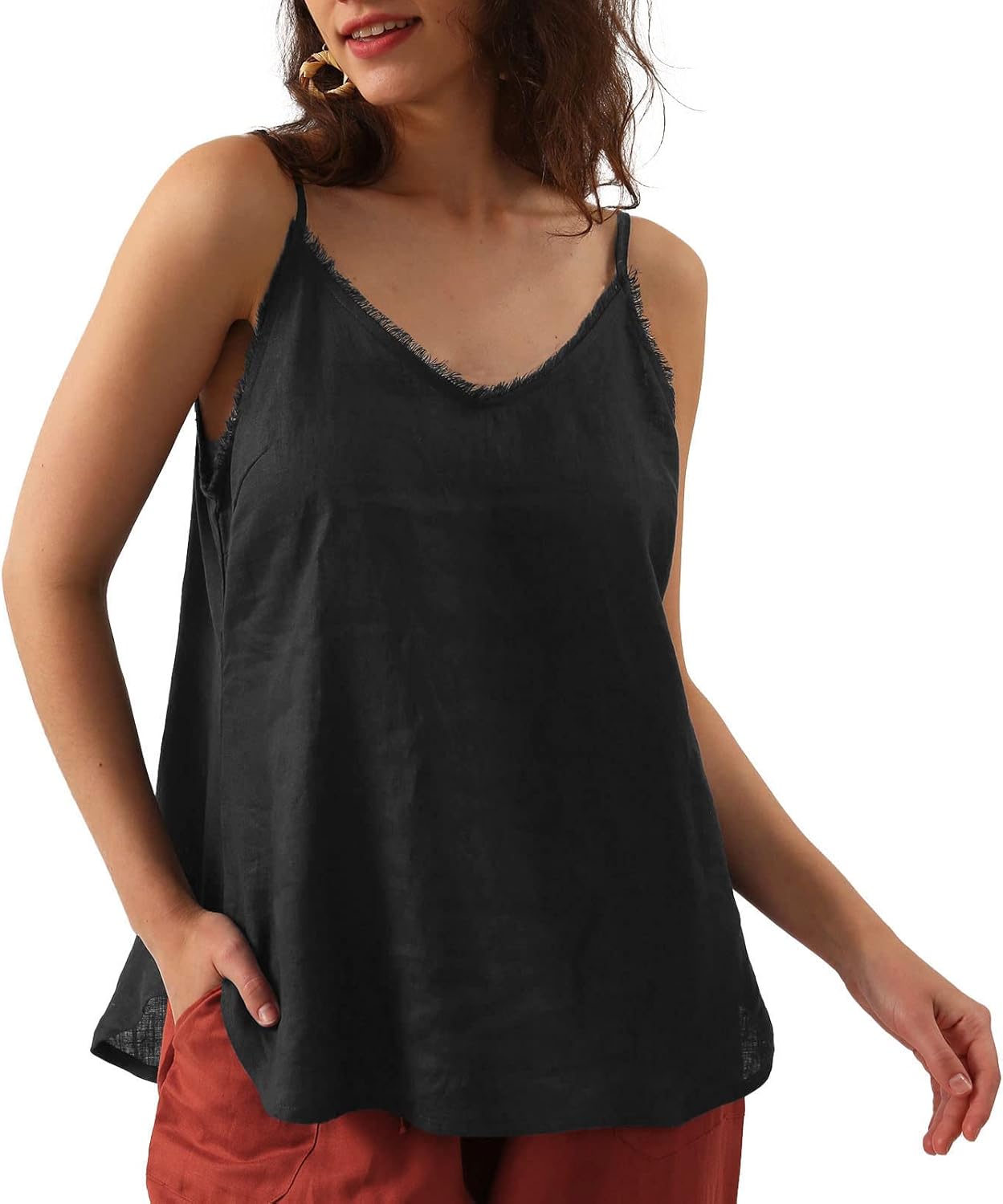 Women's 100% Linen Camisole Sleeveless Tops with Tassels