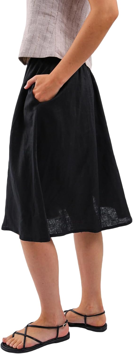 Women's 100% Linen A Line Pleated Midi Skirt