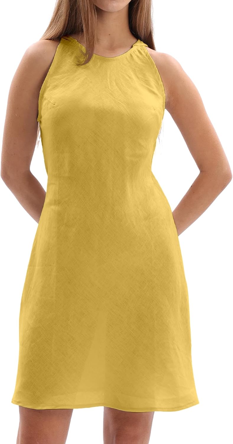 Women's 100% Linen Sleevelesss Crew Neck Mini Dresses