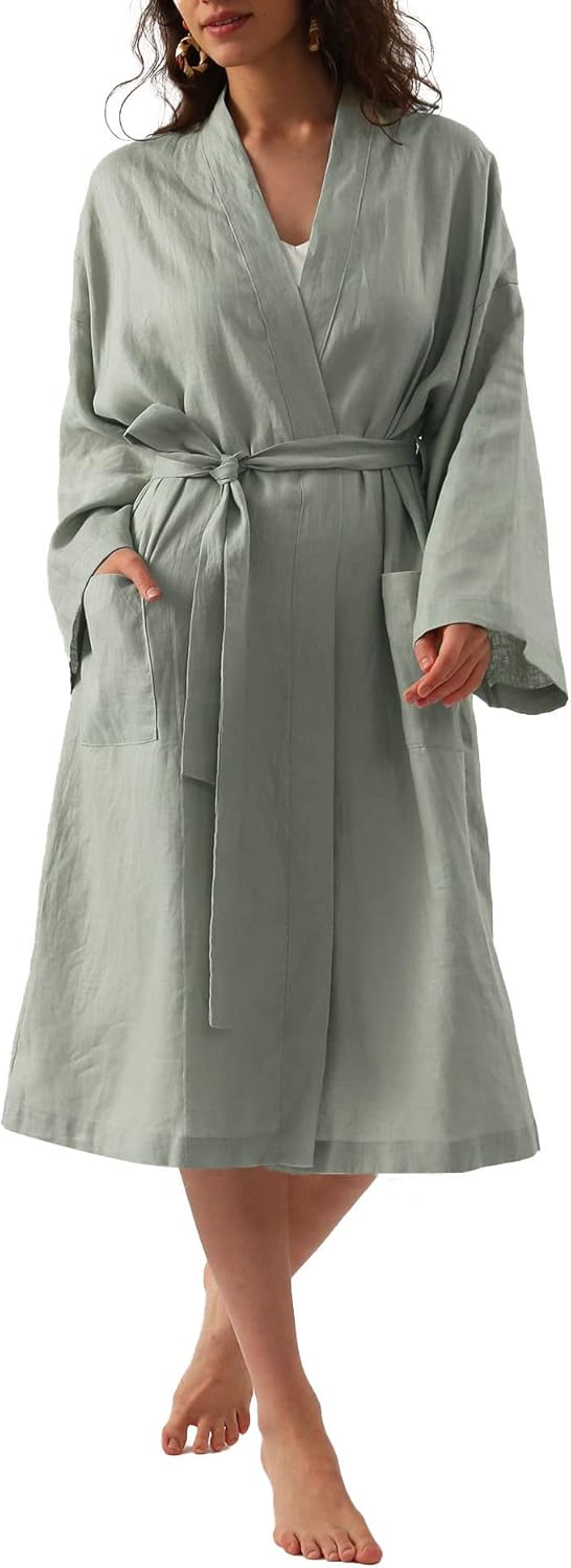 Women's 100% Linen Mid Length Kimono Robes Long Sleeve Bathrobe