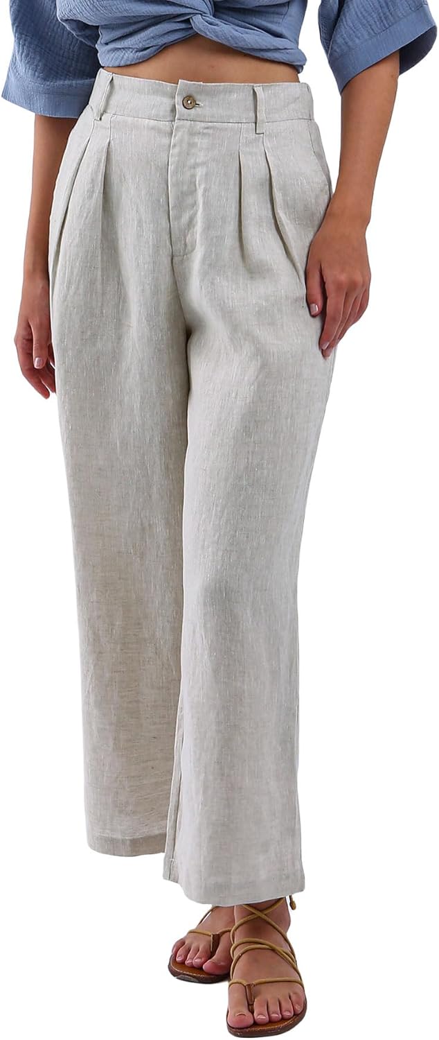 Women's 100% Linen High-Waisted Wide Leg Pants