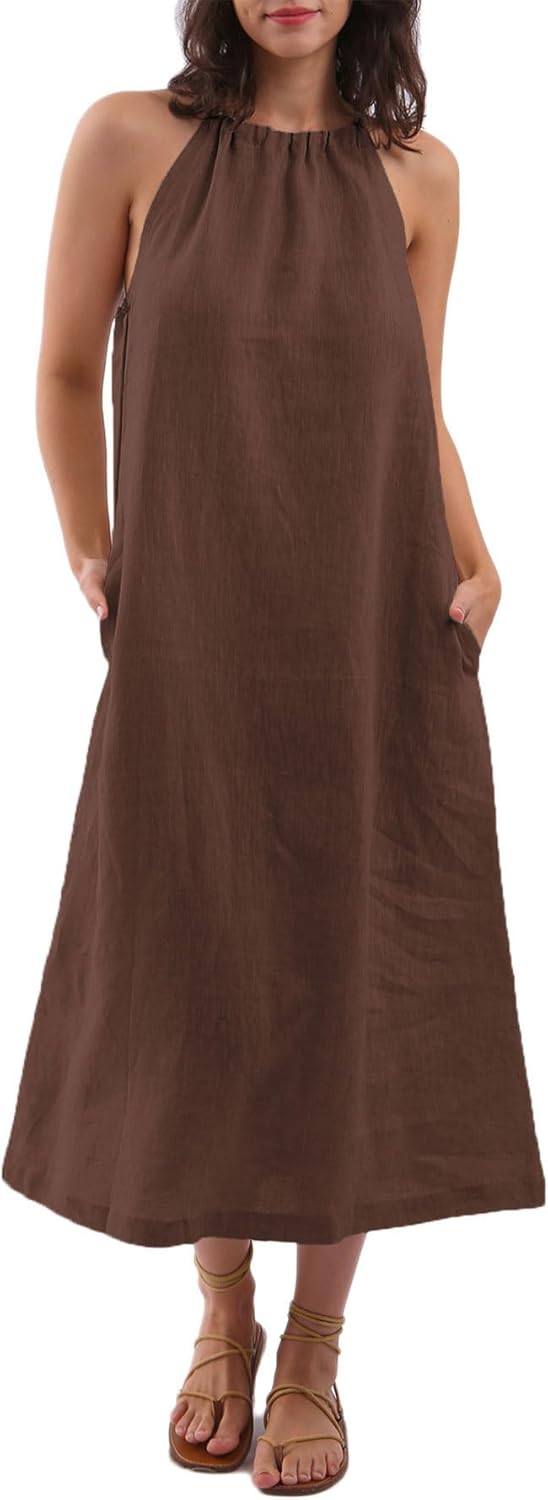 Women's Linen Halter Sleeveless Maxi Dress
