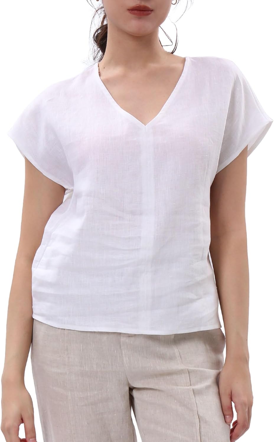 Women's 100% Linen V Neck Short Sleeve Tops