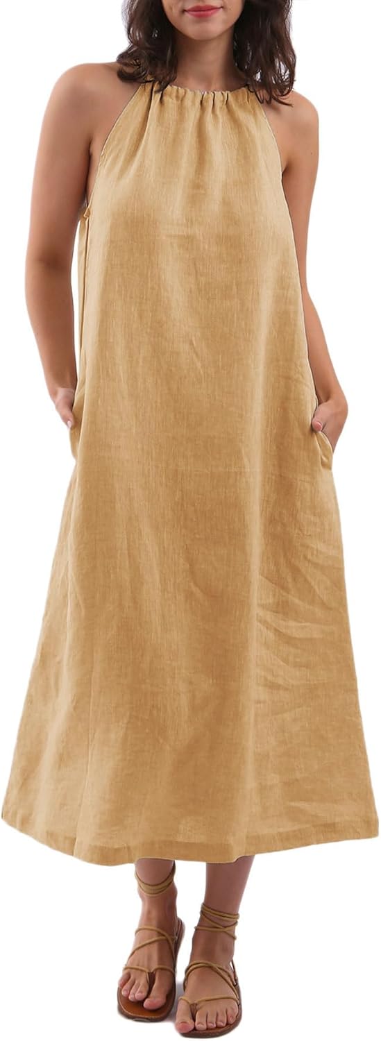 Women's Linen Halter Sleeveless Maxi Dress