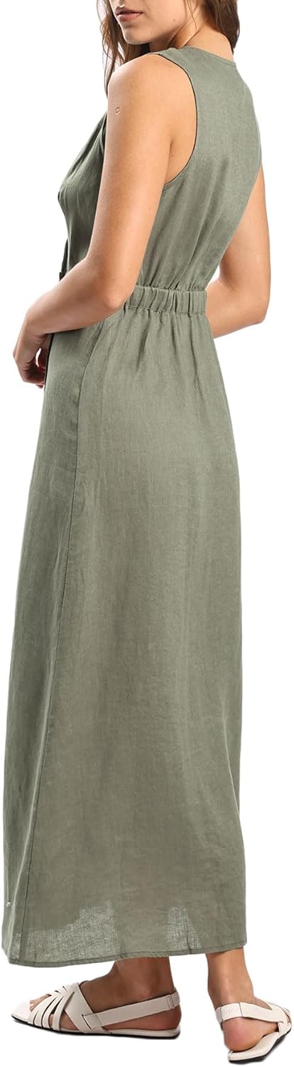 Women's 100% Linen Sleevelesss V-Neck Wrap Midi Dresses
