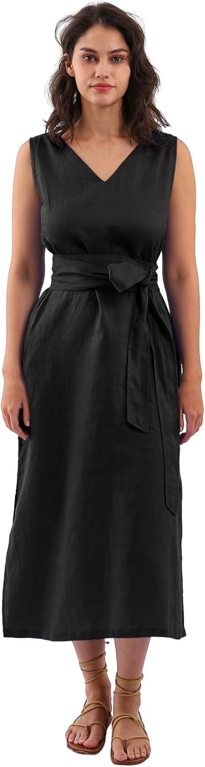 Women's 100% Linen Sleeveless Midi Dresses with Belt