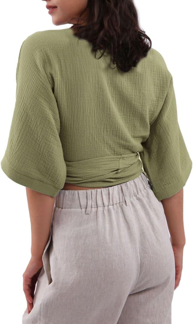 Women's Cotton Gauze Short Sleeve Crop Tops Self Tie Wrap Blouse
