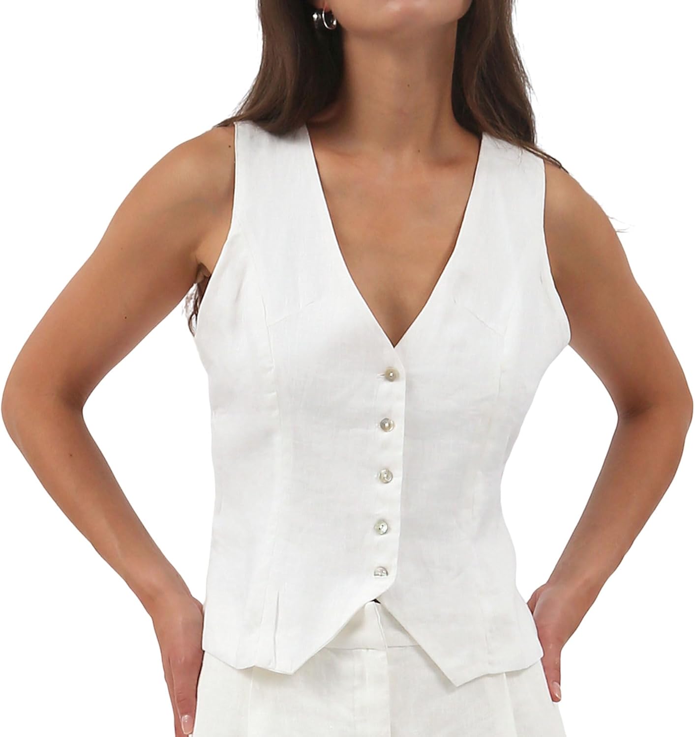 Women's 100% Linen Sleeveless Button Down Crop Waistcoat