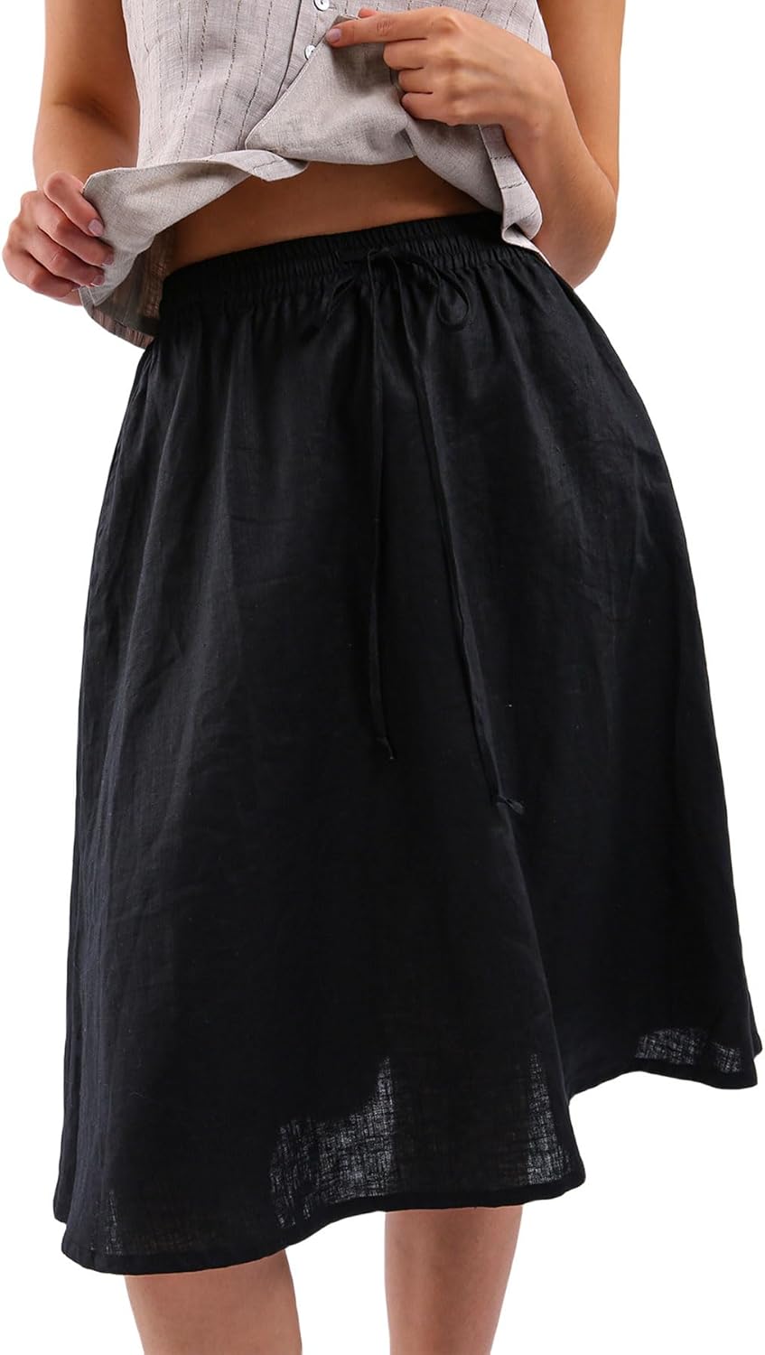 Women's 100% Linen A Line Pleated Midi Skirt