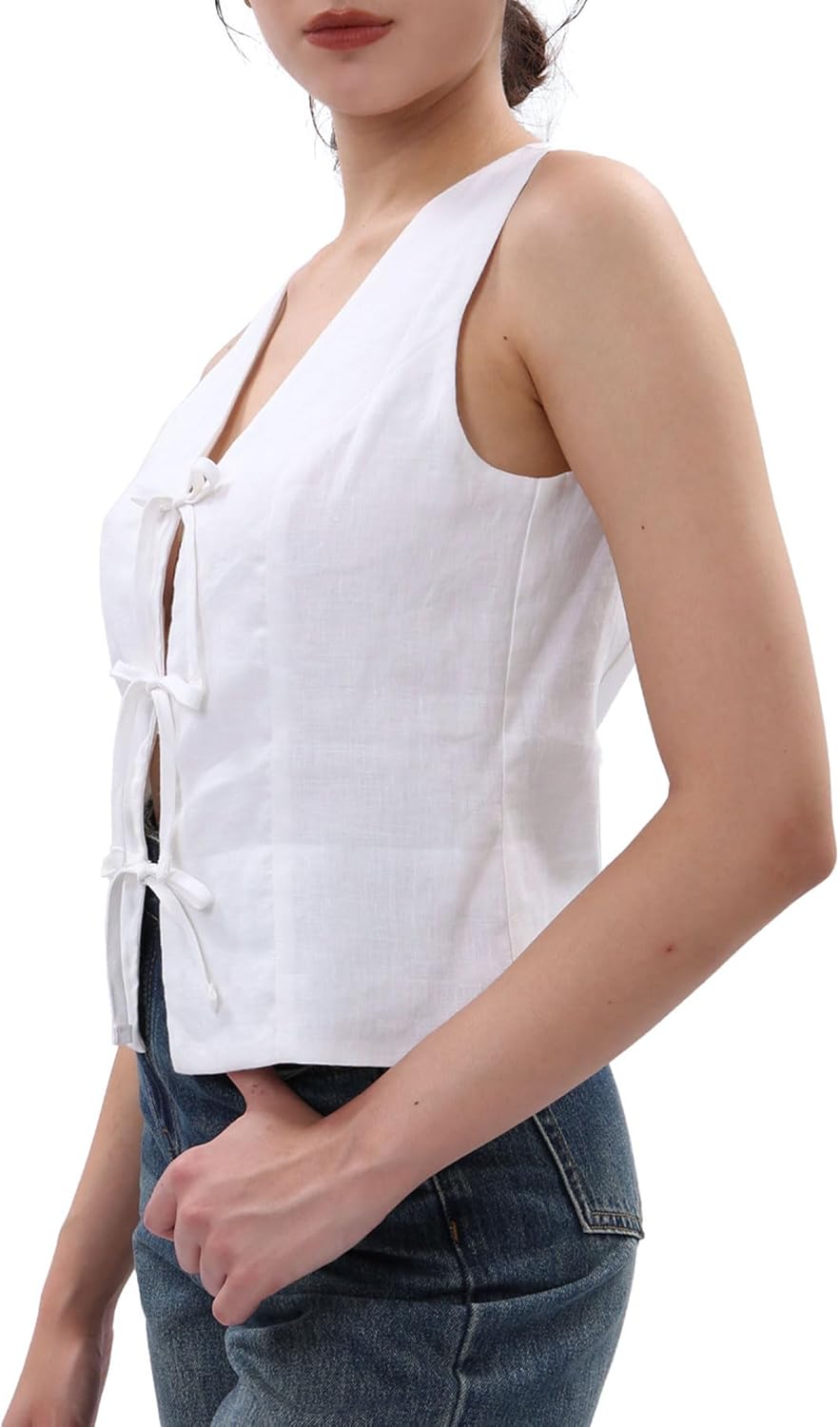 Women's 100% Linen Tie Front Crop Tops Sleeveless Vest