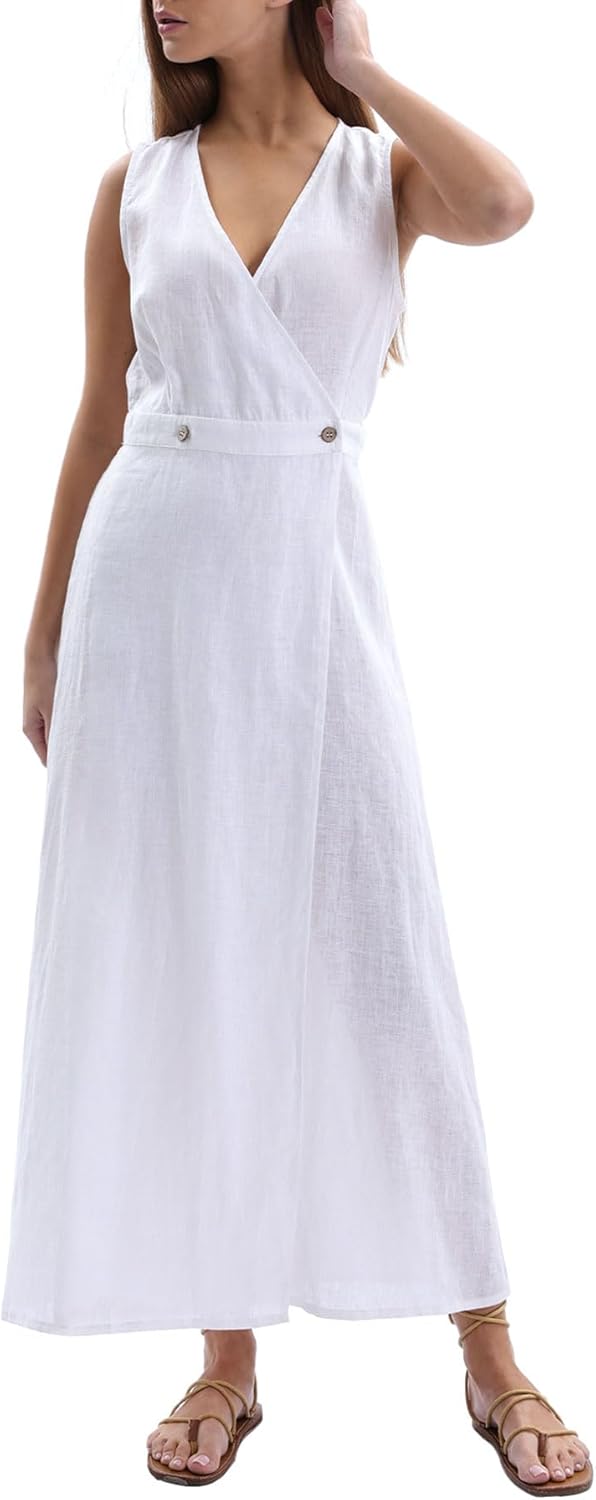 Women's 100% Linen Sleevelesss V-Neck Wrap Midi Dresses
