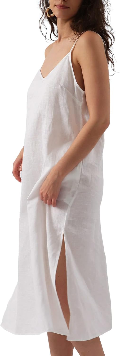 Women's 100% Linen Spaghetti Strap Slip Midi Dress with Pockets