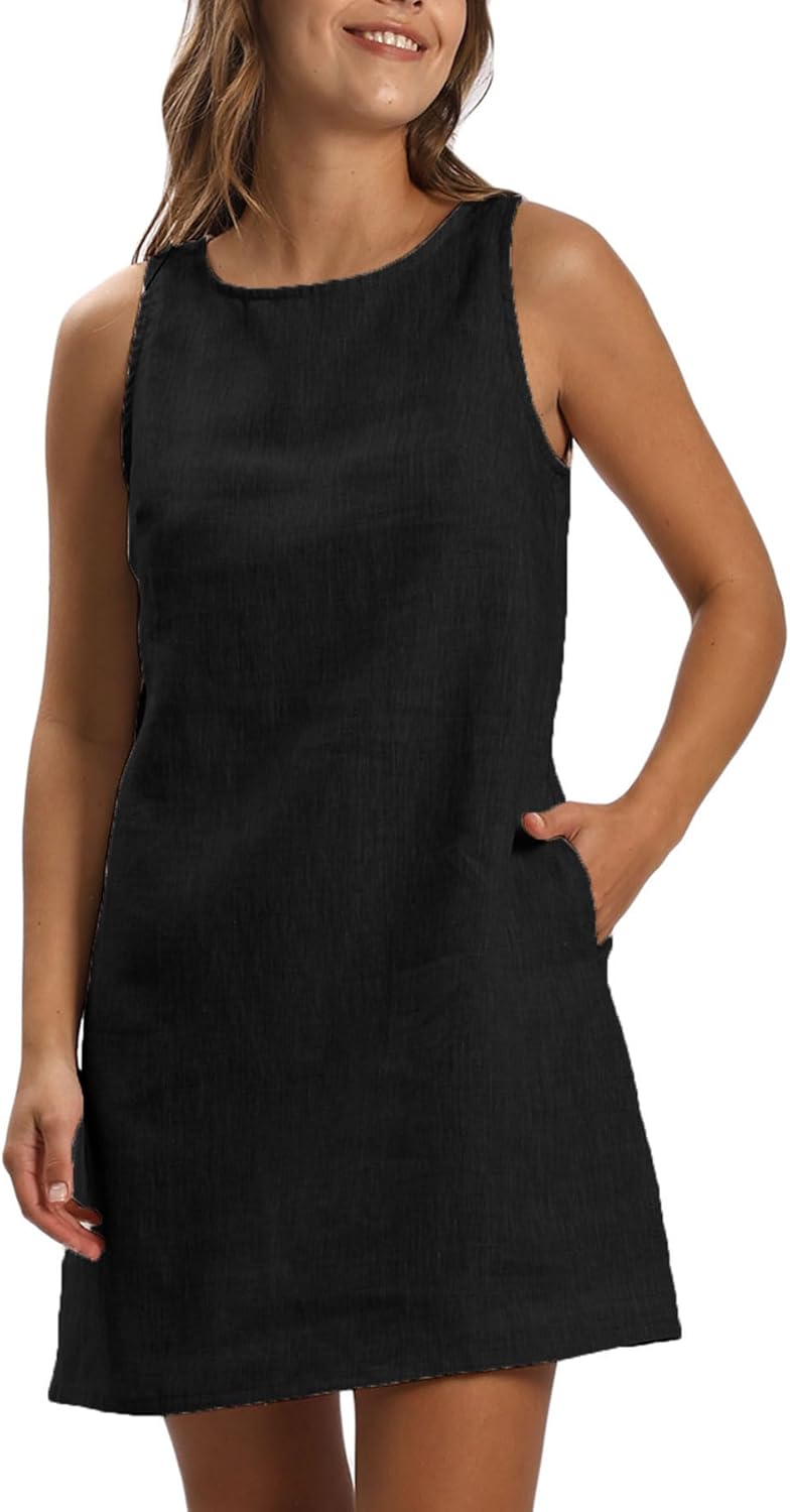 Women's 100% Linen Sleeveless Crewneck Tank Mini Dresses
