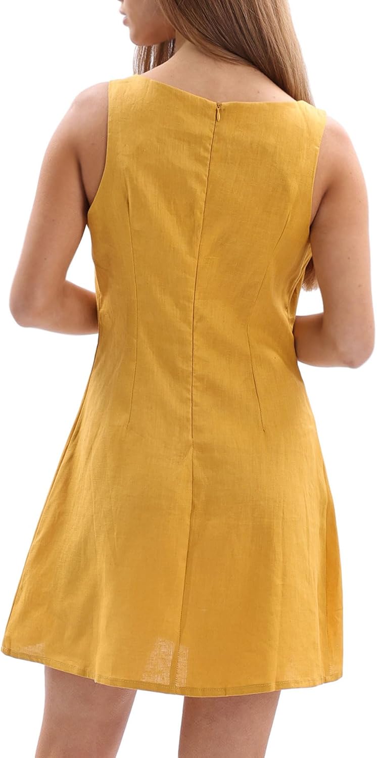 Women's 100% Linen Square Neck Sleeveless Mini Tank Dresses