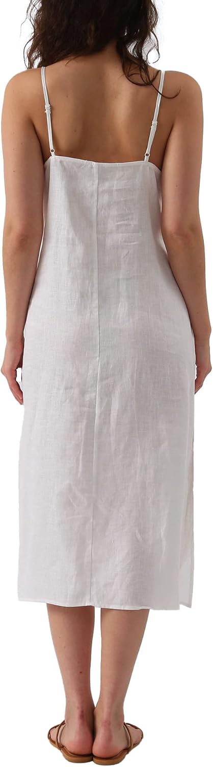 Women's 100% Linen Spaghetti Strap Slip Midi Dress with Pockets