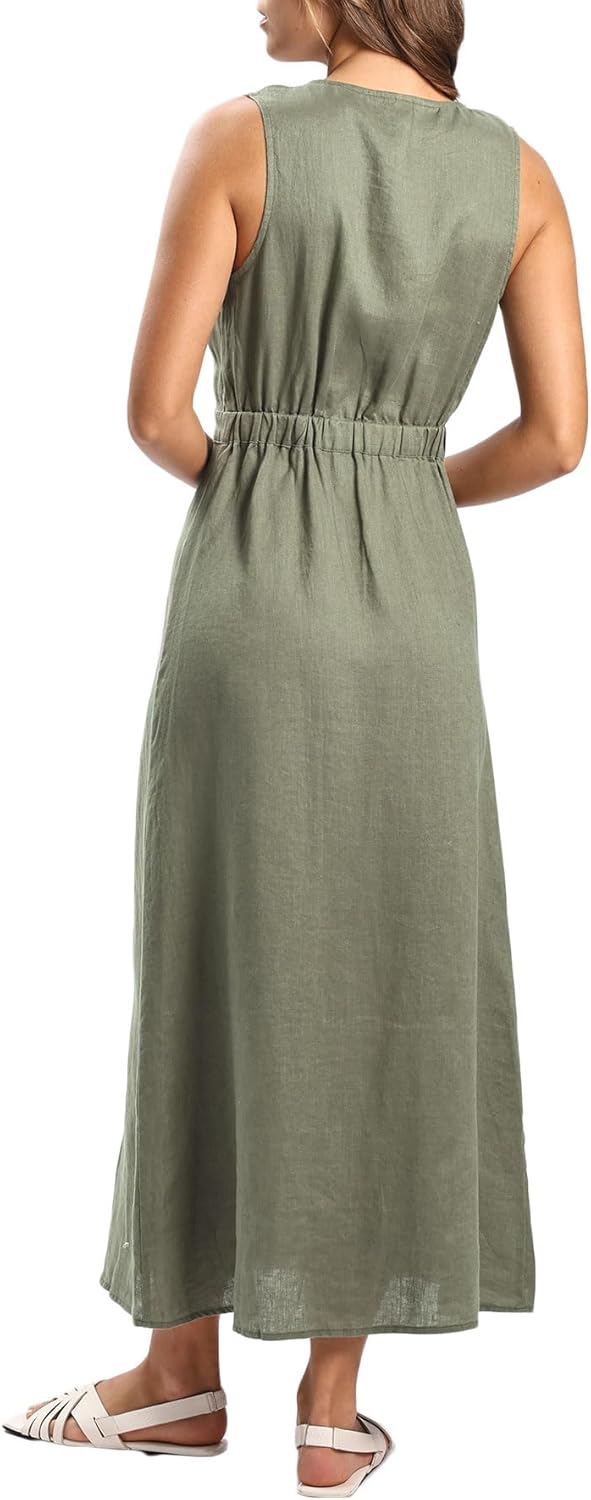 Women's 100% Linen Sleevelesss V-Neck Wrap Midi Dresses