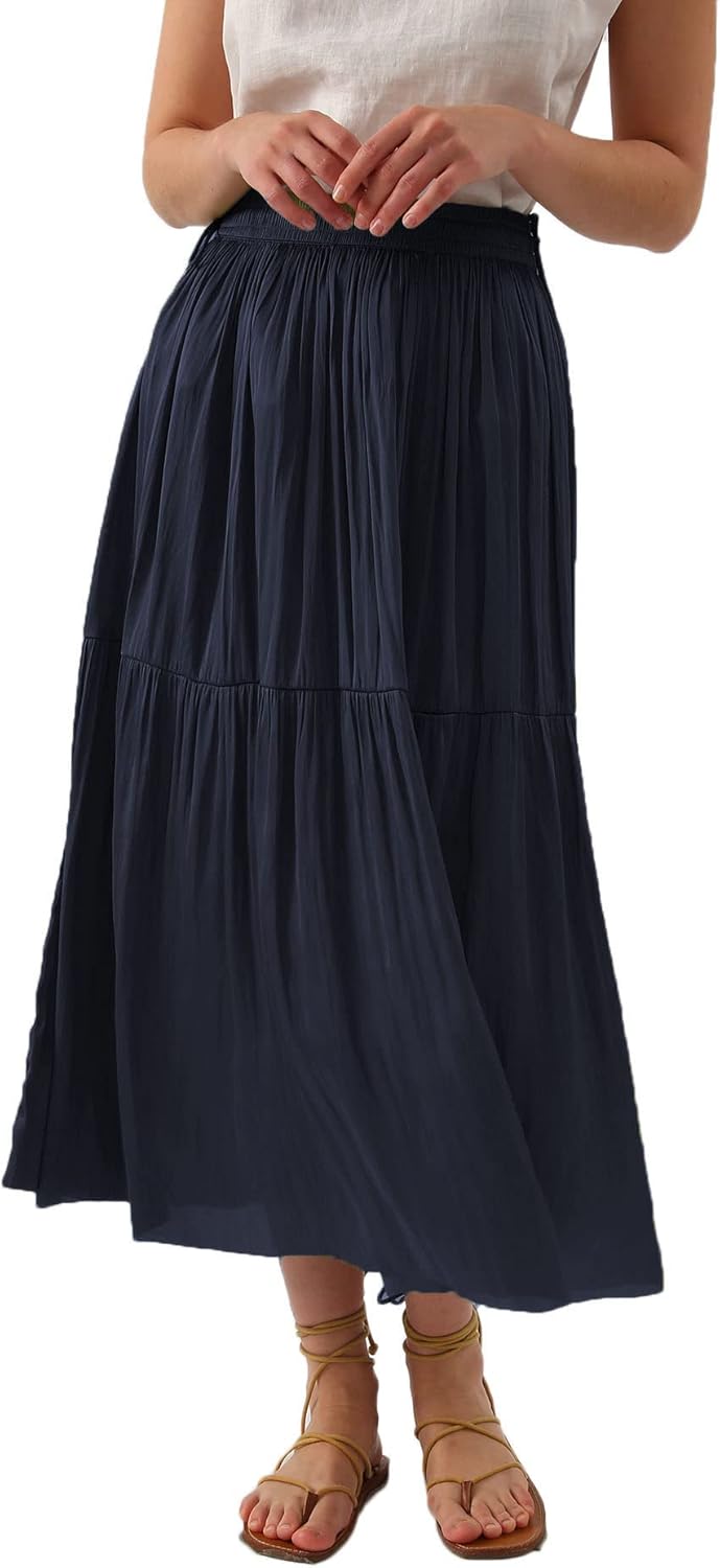 Women's Pleated A Line Flowy Midi Skirt