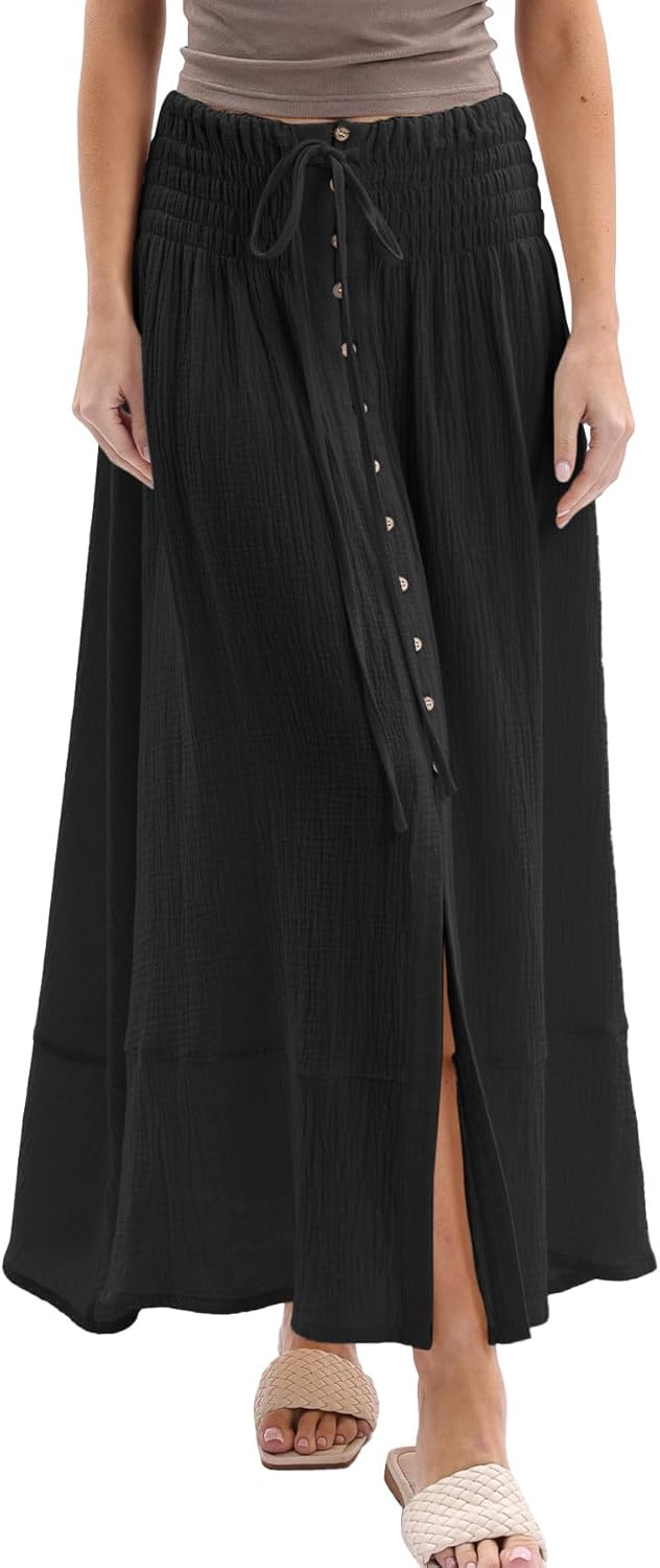 Women's Crinkle Cotton Gauze Button-Front Slit Maxi Skirt