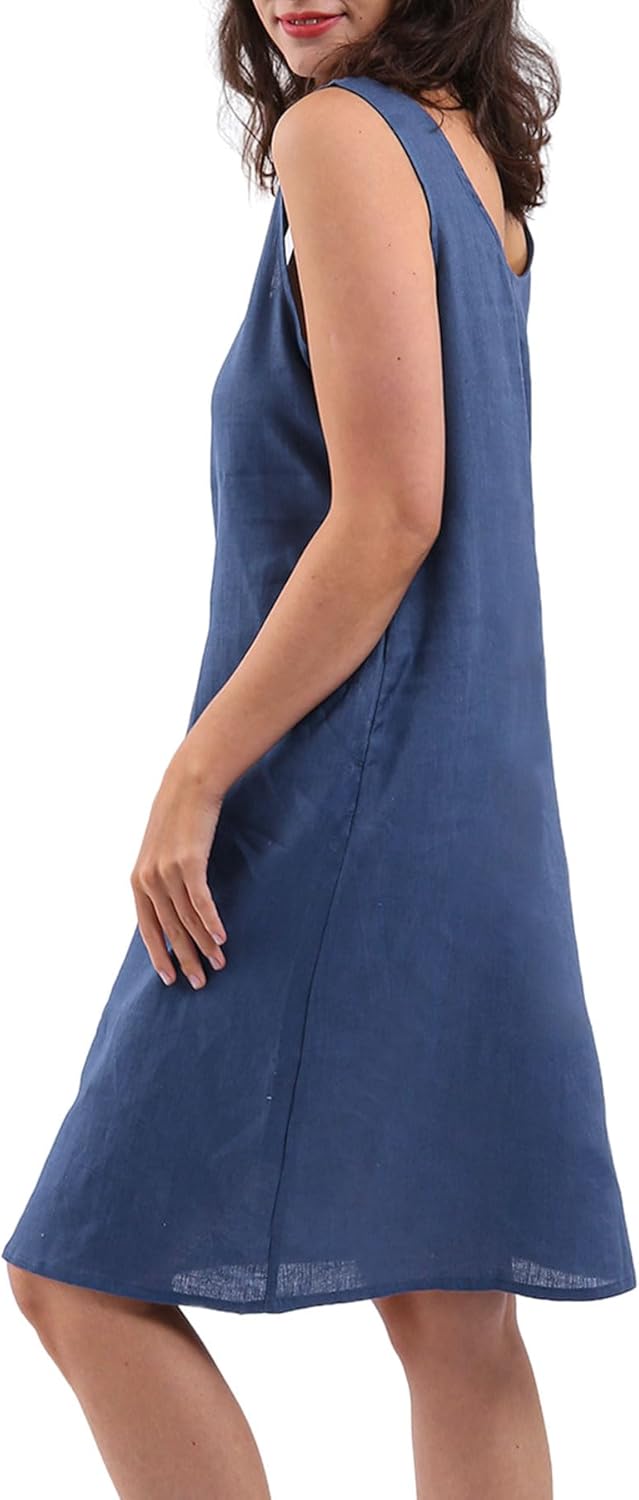 Women's 100% Linen Sleeveless Midi Tank Dresses