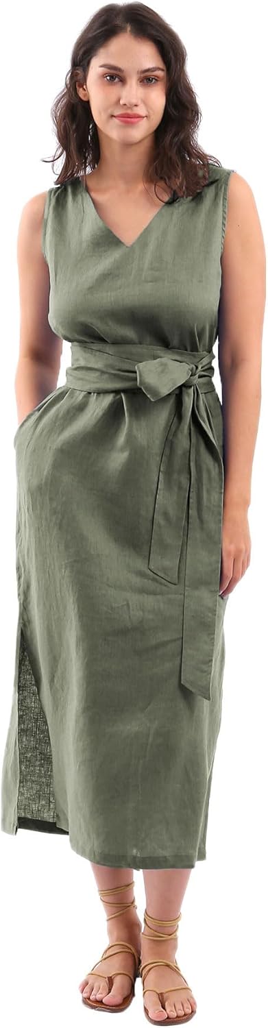 Women's 100% Linen Sleeveless Midi Dresses with Belt